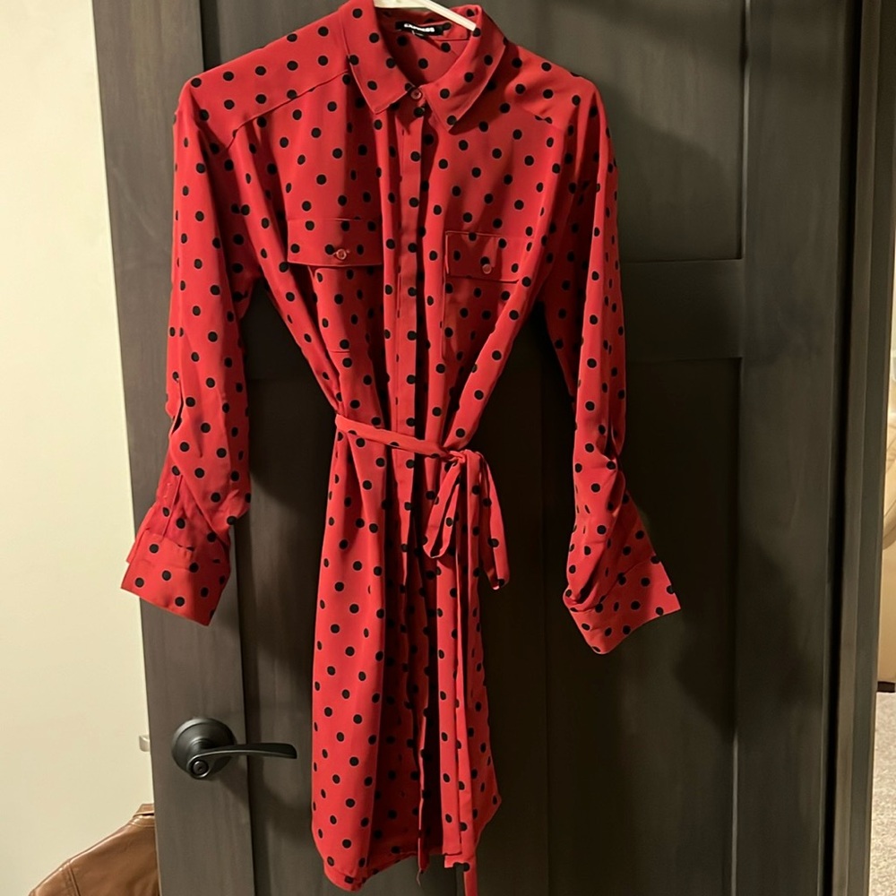 Express red button up dress with black polka dots
